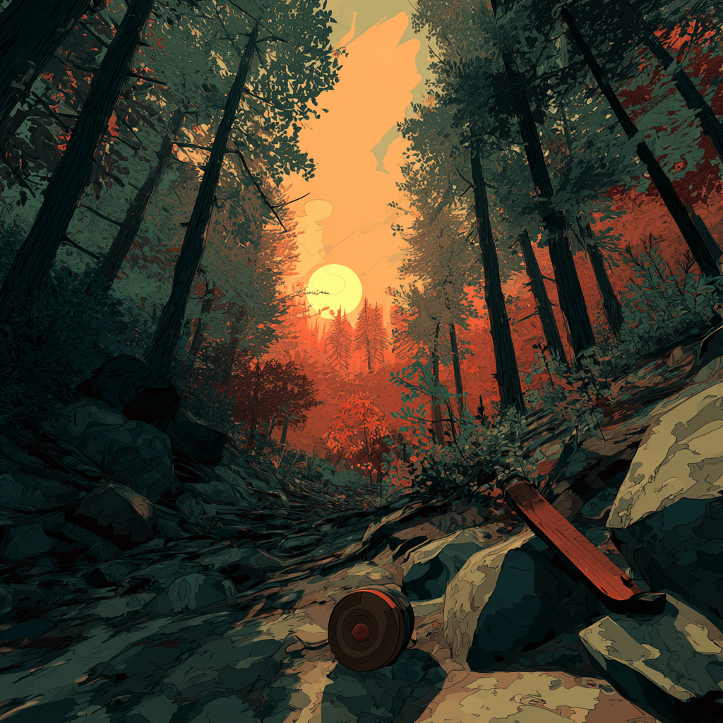 Fiery sunset burning through tall trees over a forest floor of fallen logs