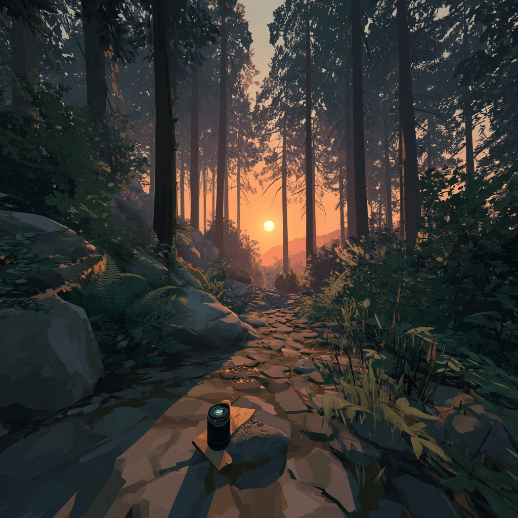 First-person view of a sunset path through tall trees with a lit lantern on a rock in the foreground